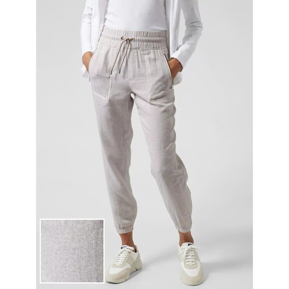 Athleta Cabo Linen Joggers White Drawstring Micro Cheetah Beach Women's Size 10 - Picture 1 of 9